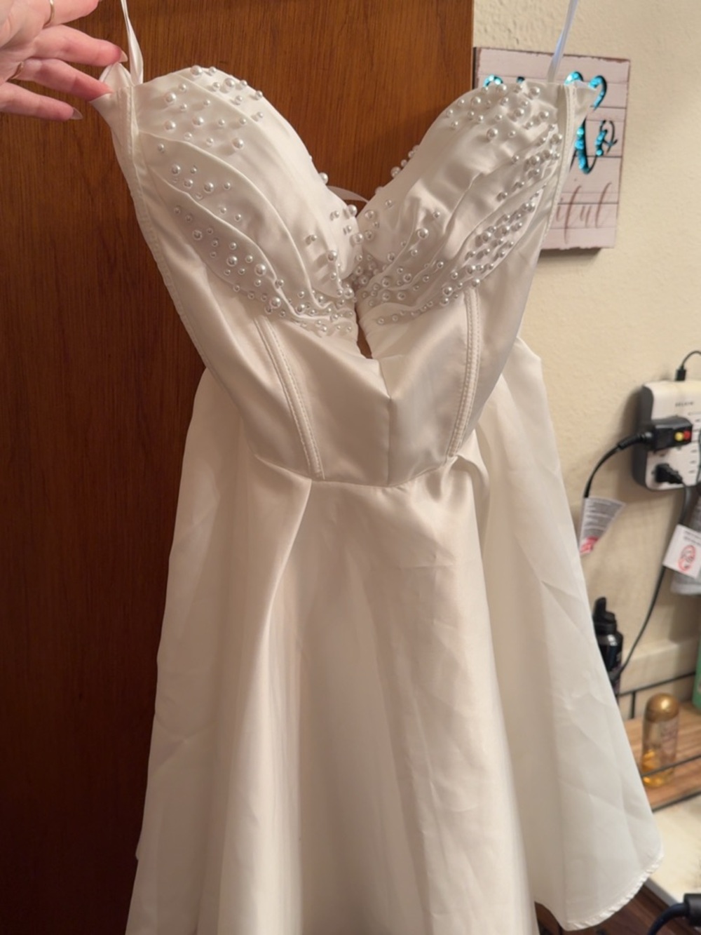 SHEIN White Pearl Embellished Strapless A-Line Wedding Dress